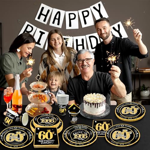 Image of 60th Birthday Decorations Black and Gold, Service for 30, Vintage 60th Birthday Party Supplies Includes Black Vintage 1966 Plates, Napkins, Cups, Plates and Napkins for Men Women