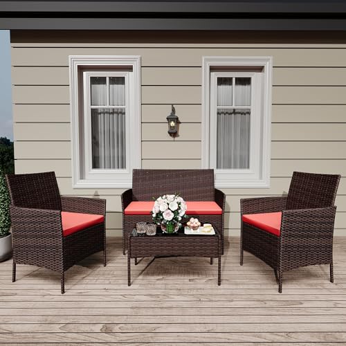 GarveeLife 4-Piece Patio Furniture Set, Rattan Outdoor Furniture with Upholstered Sofa, 2 Chairs & Coffee Table, Modern Conversation Bistro Set for Ga