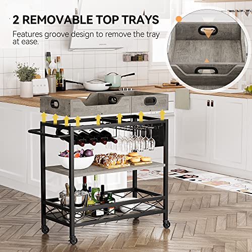 Idealhouse 3 Tier The Home Grey Bar Cart With Wheels, Two Portable Trays, Wine Rack, Glasses Holder, Industrial Serving Cart For Kichen, Living Room, Dining Room #TOP4