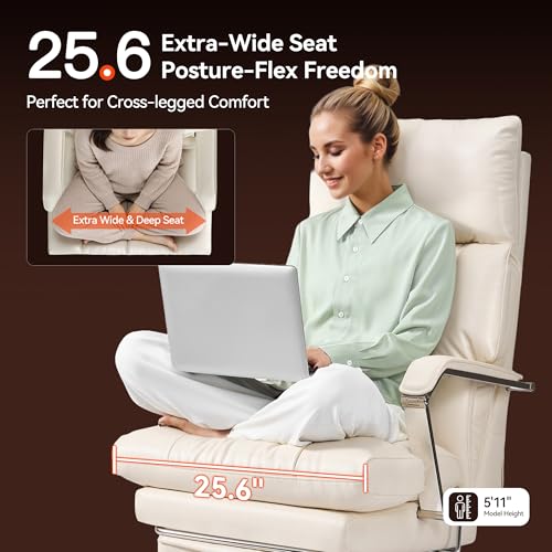 Image of OKUP M76 160 Reclining Executive Office Chair with Footrest, Adjustable Seat Depth Leather Office Chair, 8 inch Thick Sofa-Like Cushion, 420 lb Reinforced High Back Desk Chair for Home Office, Cream