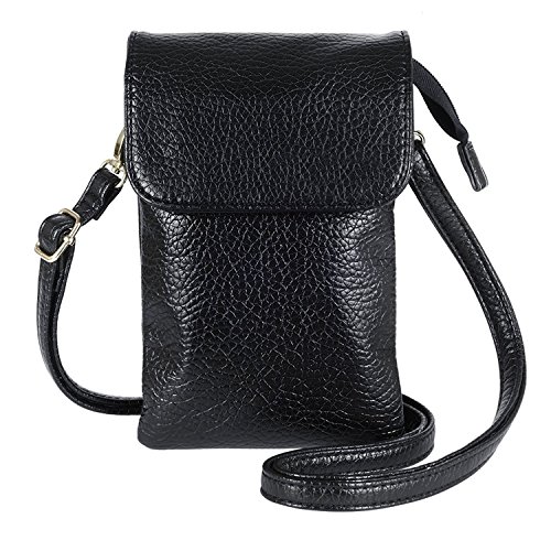 WITERY Lightweight Leather Phone Purse for Women- Black Small Crossbody Cell Phone Pouch Shoulder Bag with Shoulder Strap