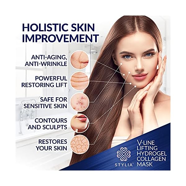 10-Piece-V-Line-Shaping-Face-Masks--Lifting-Hydrogel-Collagen-Mask-with-Aloe-Vera--Anti-Aging-and-Anti-Wrinkle-Band-Double-Chin-Reducer-Strap-Contouring-Slimming-and-Firming-Face-Lift-Sheet Stylia V-Line Lifting Collagen Face Mask with Hyaluronic Acid & Aloe Vera - Spa Quality Double Chin Strap - Collagen Mask for Women - Jawline Shaper Face Lift Tape - Chin Strap for Sleeping - 10PC