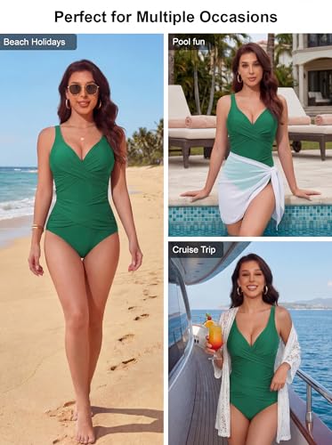 Image of Smismivo Tummy Control Swimsuits for Women Slimming One Piece Bathing Suit Retro Ruched Push Up Vintage Padded Swimwear