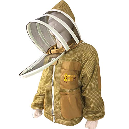 Massive Bee Store 3 Layer Beekeeping Ventilated Suit and Jacket Fully Protection Beekeepers Ultra Ventilated Bee Suit and Bees Jacket with Fencing Veil and Round Veil (L, Khaki)
