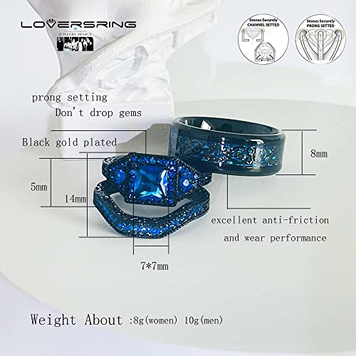 LOVERSRING Couple Ring Bridal Set His Hers Black Gold Filled Blue Cz Stainless Steel 10k Wedding Ring Band2
