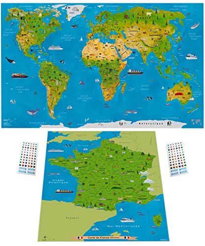 WIDETA Carte du monde illustrée en français/Poster grand format (82 x 44 cm), Papier couché et laminé, extra épais 300 g/m²/ Inclus grande carte de France et autocollants
