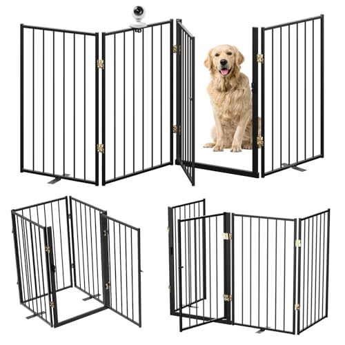 Metal Freestanding Dog Gate Outdoor-4 Panels with Door, Extra Wide Foldable Pet Fence with Pet Monitor Adapter, 32'' Height Tall Dog Gate for Doorways, Stairs, Hallways, Yard, Indoor
