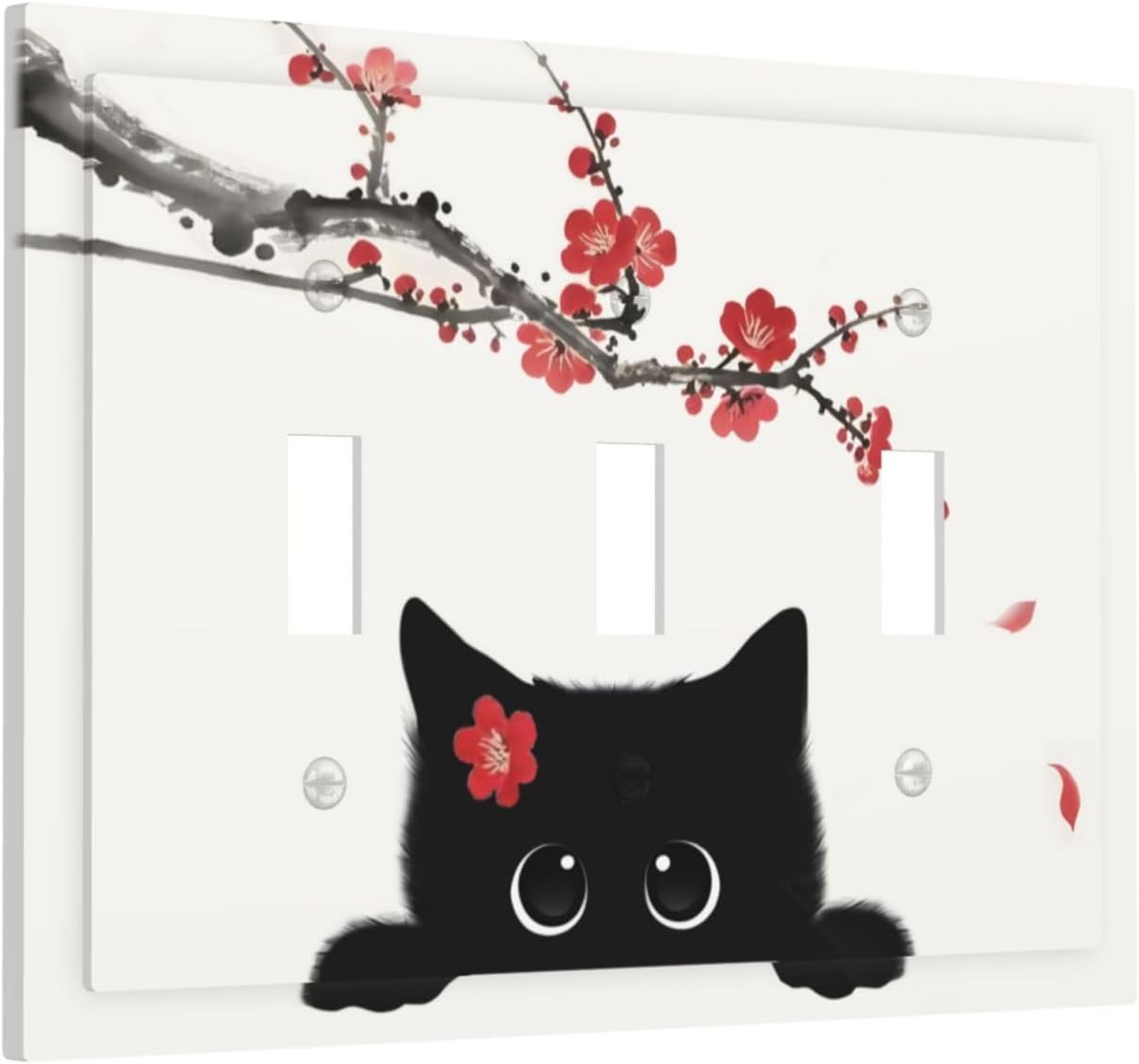 Decorative Light Switch Cover Plate Cute Black Cat Plum Blossom Flower 3 Gang Wall Plates for Electrical Outlets Triple Toggle Switch Plate Covers Outlet Covers Faceplate for Home Decor