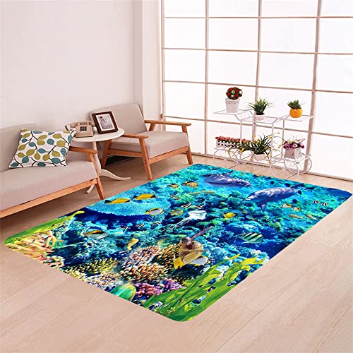 Morbuy Tapis de Salon Poils Ras, Grand Carré Moderne Tapis de Couloir, Chambre Décor Tapis Antidérapant, Tapis Imprimé Aquarium 3D pour Coucher Bureau Hôtel (40x60cm,colonie de Corail)