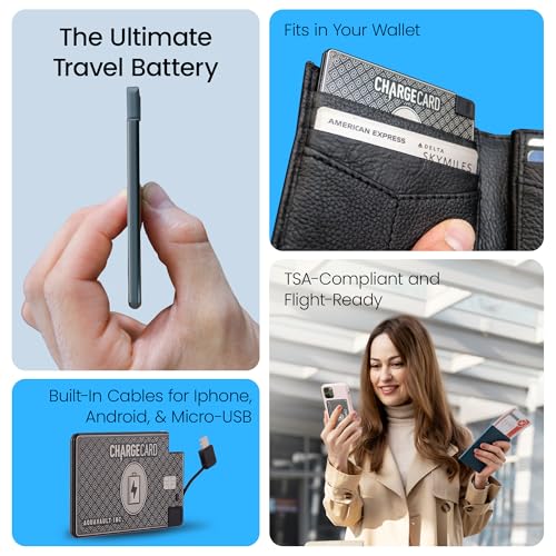 AquaVault ChargeCard – Ultra Slim Emergency Power Bank (2300mAh) – Fits in Wallet – USB-C & Micro-USB – Durable Steel Body – Flight-Safe for iPhone 6-17 & Android - Black
