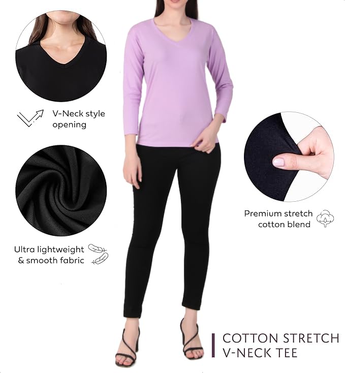Image of Women's 3 /4 Sleeves Regular Fit V-Neck Cotton T-Shirt