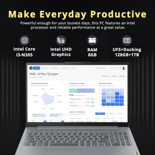 Image of Lenovo IdeaPad Slim 3 15.6 inch FHD Anti-Glare Business Laptop, Intel Core i3-N305, 8GB LPDDR5 RAM, 1.12TB Storage(128GB UFS+1TB Docking Station), Intel UHD Graphics, WiFi 6, Win 11 Pro, Gray