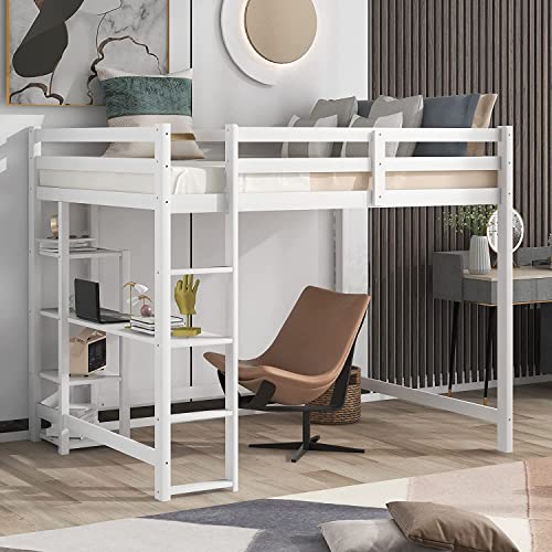 Dnyn Full Size Loft Bed With Desk & Shelves & Ladder For Kids/Adults,Wooden Bedframe,High Loftbed With Safety Guardrails,No Box Spring Needed,79.3"×58.5"×65.4", White #TOP22
