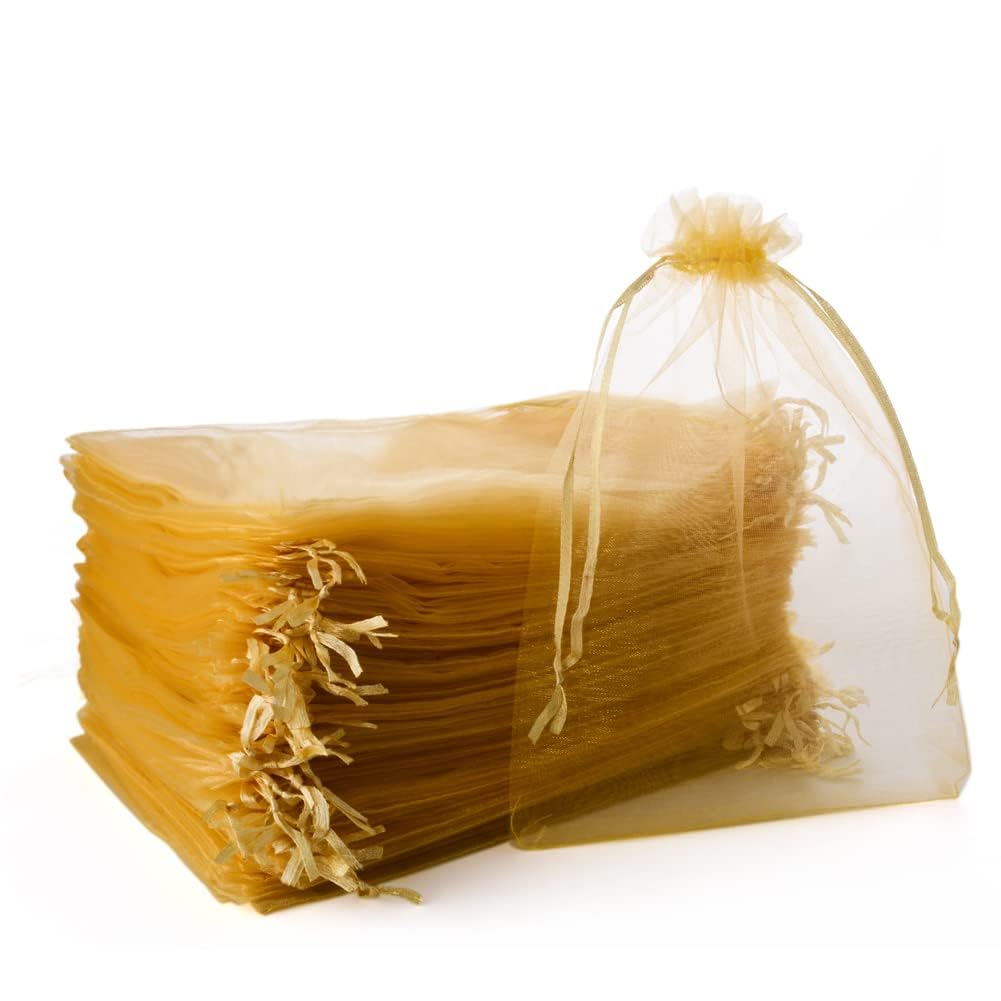 Sacs Organza 100 PCS, Sachet Organza Pochettes Cadeau Avec Cordon, Sachets Bijoux Sachets De Lavande Grande Taille Pour Noël, Fête, Faveur De Mariage (20x30cm, Couleur Or)