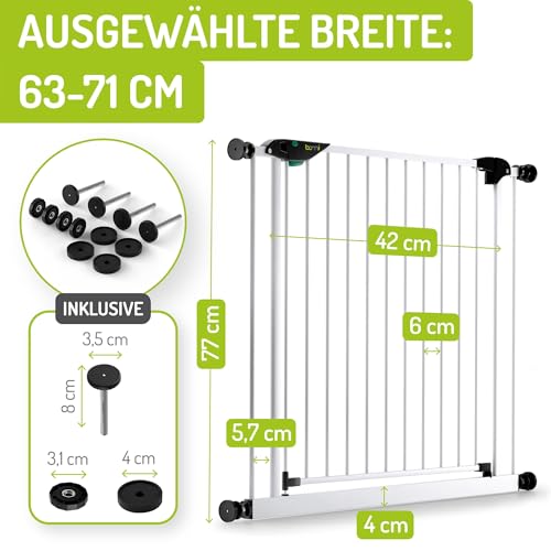 BOMI Schutzgitter Mira | Ohne Bohren | 90° Stop | Schließt automatisch | Türschutzgitter schmal weiß Metall Selbstschließend | Treppenschutzgitter Türgitter Klemmgitter | Breite: 63-71 cm