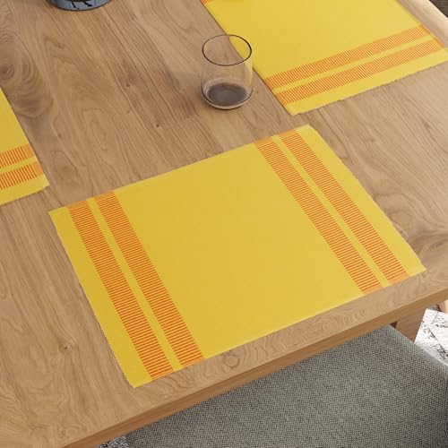Image of Encasa XO Dining Table Mats Set of 6, Ribbed Cotton Table Mat 46x32 cm | Handmade Heat Resistance Table Placemats, Non Slip, Washable & Durable Place Mat for Centre Table, Living Room Ladder Lemon