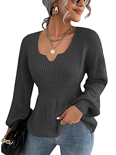 Image of Veatzaer Womens V Neck Sweaters Fall Trendy Casual Long Lantern Sleeve Ribbed Knit Pullover Sweater Tops
