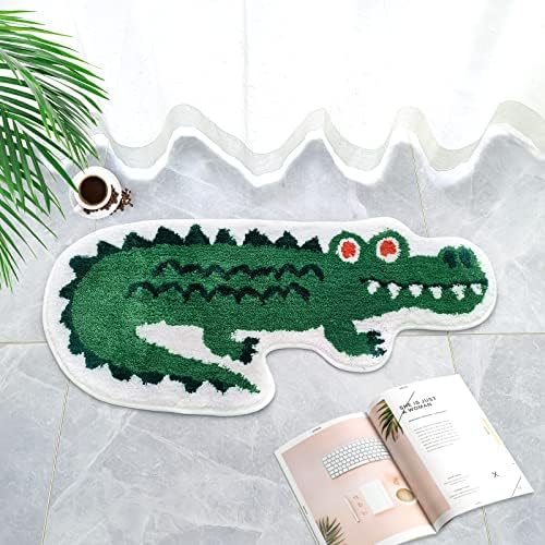 Crocodile Shaped Bath Mat for Bathroom, Cute Animal Bathroom Rug Non-Slip Door Mat Cartoon Alligator Bathroom Shower Rug Absorbent Bathmat Rug Plush Area Rug Playroom Rug , 39.4x17.7 inch