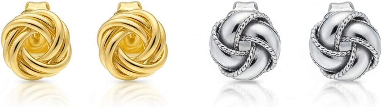 Set of Two Love Knot Ball Silver Braided Edge & Gold Plated Twisted Rope Design Stud Earrings for Women .925 Sterling Silver