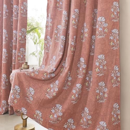 Image of Tranquebar Curtain Co. 100% Blackout, Complete Darkening Curtains with Lining (Polyester), Coral Floral Print, Cotton Blackout Curtains 5 Feet for Window, BackTabs, Kumud (152 cm) - 1 Piece