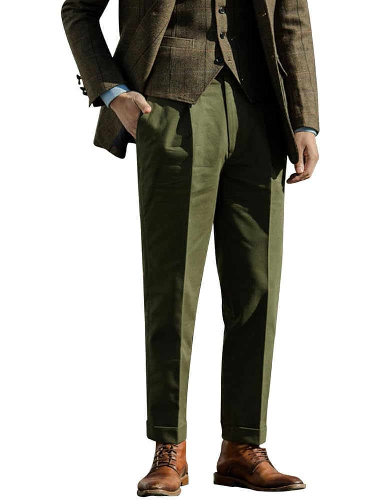 Snoly Men's Cotton Gurkha Tapered Leg Straight Flat Front