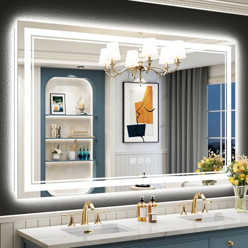 Image of 55x40 LED Bathroom Mirror with Lights, Backlit and Front Lit Anti-Fog Lighted Vanity Mirrors for Bathroom Wall, Dimmable, 3-Color Light, Memory, Shatter-Proof, HD Tempered Glass, CRI>90
