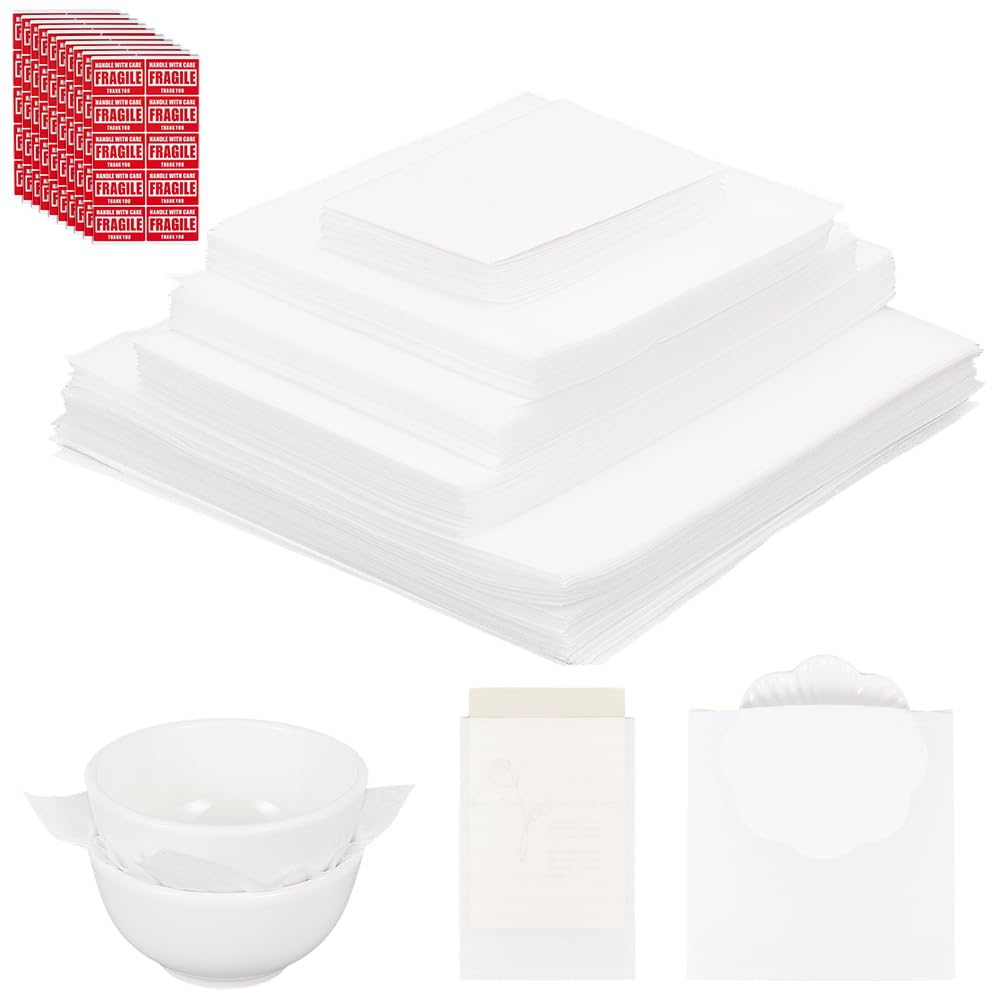 BENECREAT 240Pcs Moving Supplies, 120Pcs Cushioning Foam Pouches and Sheets, 5 Size with 120pcs Fragile Stickers, EPE Foam Pouches Set for Protect Dishes Cup Glasses Packaging