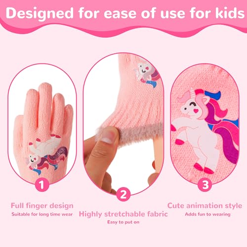FENELY 3 Pairs Kids Winter Knit Gloves - Stretchy Full Finger Fluffy Warm for Boys Girls Toddler 4-7-12 Years4