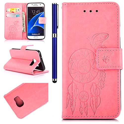Traumfänger Lederhülle für [Samsung Galaxy S7], Schmetterling Feder Prägung Hülle Leder Tasche Abdeckung für Samsung Galaxy S7 mit