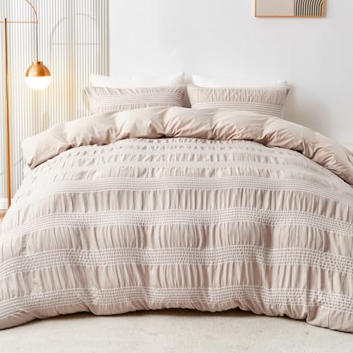 Qucover Seersucker Bettwäsche 220x240 3teilig Khaki Weiß Gestreift, Mikrofaser Bettwäsche-Sets,Bettbezügen 220x240cm + 2 Kissenbezüge 80X80cm, Bügelfreie Bettwäsche mit Reißverschluss