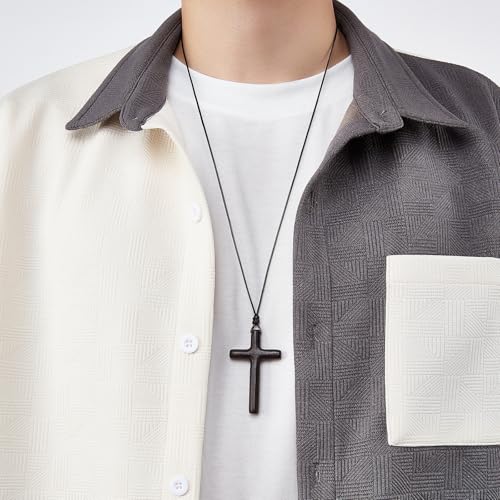 Men's Wooden Cross Necklaces Real Handcrafted Ebony Wood Cross Pendants With Leather Necklaces Men's Black Cross Necklaces Christian Baptism Crucifix Pendant for Men4