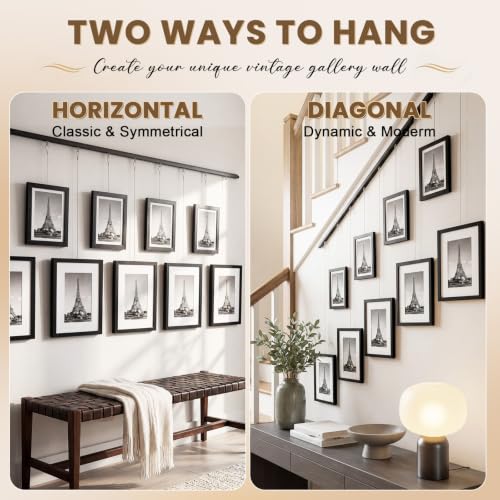 Image of Lineshading Gallery Wall Frame Set of 9,Hanging Photos Display Bulk, Black | Adjustable Picture Rail Hanging System, Wall Decoration with Mat,holds 8x10 and 4x6 sizes, mounting hardware included