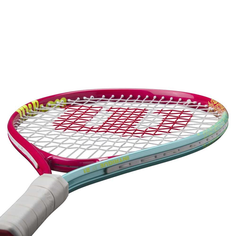 Wilson Intrigue Jr 21,Raquette de Tennis, Cadre Léger pour Prise en Main Facile, Performance pour un Jeu Stable et Coups Puissants, Cordage Adapté au Bras, Couleur :Rouge/Teal, Taille : 21