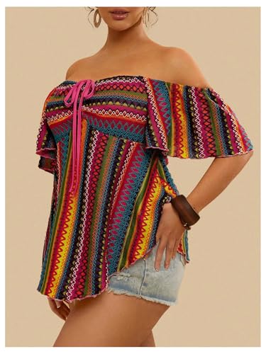 WDIRARA Women's Plus Size Boho Striped Off The Shoulder Tee Shirt Asymmetrical Ruffle Short Sleeve Peplum Tops4