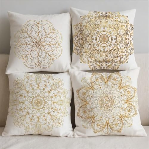 Housse de coussin 80x80cm dorée en lin avec impression double face Datura