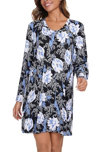 Image of Kabento 2 Pack Long Sleeve Nightgowns for Women Soft Cotton Night Gowns Sleepwear V Neck Nightshirts