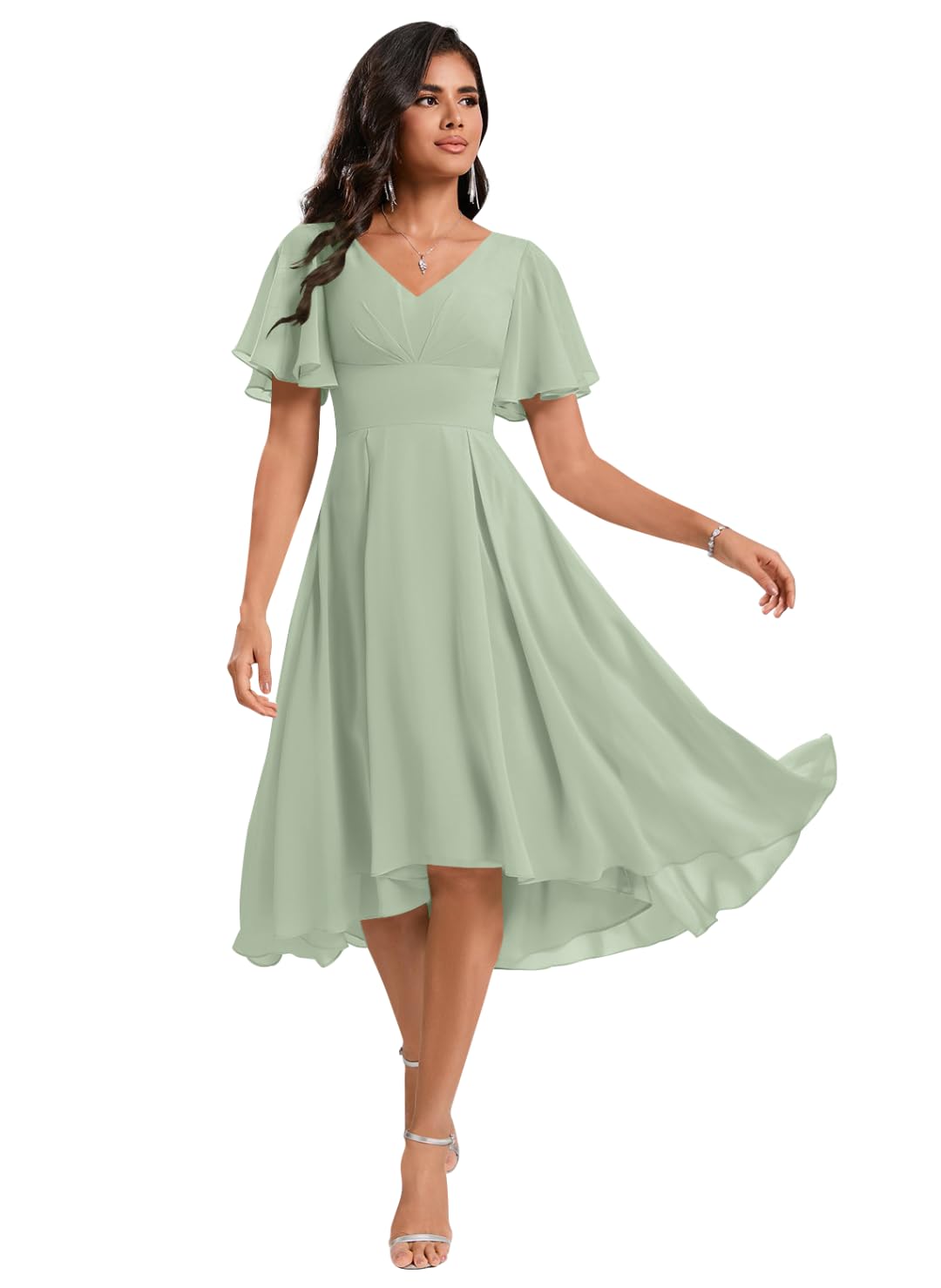 Homuguz Chiffon Bridesmaid Dresses Short A Line V Neck Asymmetrical Prom Dress for Women Formal Party Gowns with Pockets