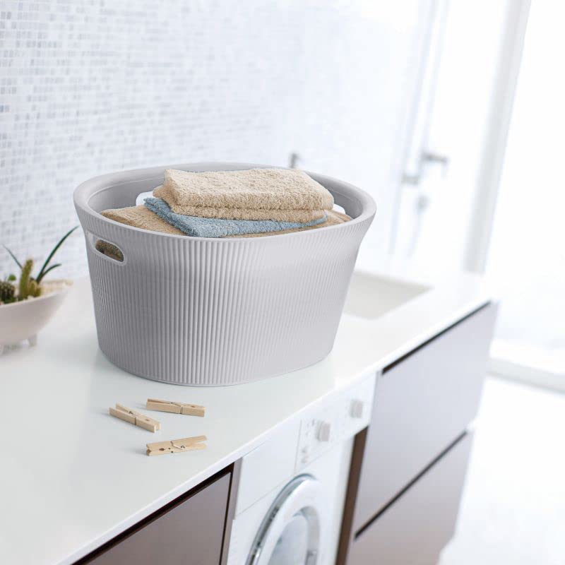 Image of Superio Ribbed Collection - Decorative Plastic Laundry Basket with Cut-Out Handles, White Smoke (1 Pack) Hamper Organzier for Bedroom Bathroom College Dorm Room 35 Liter