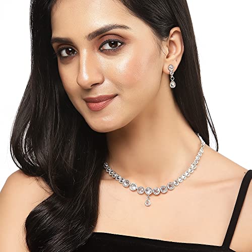 Oxidised Silver-Plated Round American Diamond Studded Necklace Set