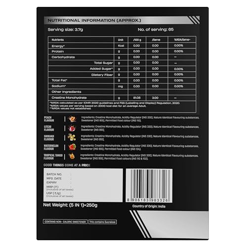 Image of BEASTLIFE Super Micronized Creatine Monohydrate Assorted Pack of 5 | 250 Gram | 65 Servings | Peach, Watermelon, Shikanji, Tropical Tango, Litchi Flavor | NABL Lab Tested | Premium Sports Nutrition for Strength & Performance