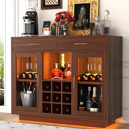 Knoworld Wine Bar Cabinet with LED Lights and Storage