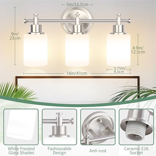 Image of 3-Light Bathroom Vanity Light Fixture, Brushed Nickel Compact Vanity Light with White Frosted Glass Shades for Mirror, Bathroom, Living Room, Modern Style, E26 Base, 16 Inch