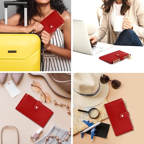 Image of Travelambo Womens Leather Bifold Wallet, Slim RFID Blocking Card Holder | Large Capacity, 16 Card Slots & ID Window, 2 Zipper Pockets, Dual Snap Closure, Slim Lightweight, RFID Privacy Protection