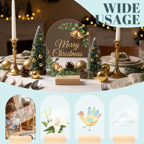 Image of Bercoor 20 Pack 5x7 Inch Blank Clear Arch Acrylic Sign with Wooden Stands, Arched Round Top Acrylic Sheet, DIY Acrylic Arch Table Numbers for DIY Name Card Gifts Event Party Sign Decoration