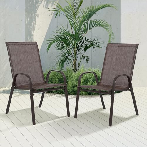 Villeston Outdoor Stackable Chairs Set of 2, Stacking Patio Chairs with Textilene Fabric, Outside Furniture for Garden Backyard Balconie Poolside Deck,Brown