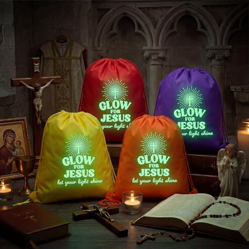 Image of 12 Pcs Glow for Jesus Drawstring Backpacks Bulk 12 x 15 Inch