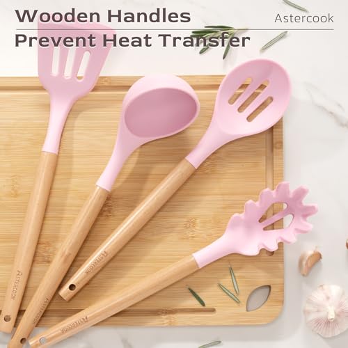 Image of Astercook Kitchen Utensils set, 39 PCS Silicone Cooking Utensils Set with Wooden Handle, 446F Heat Resistant Food Grade Utensil Sets, BPA Free Kitchen Gadgets Tools Set for Nonstick Cookware (Pink)