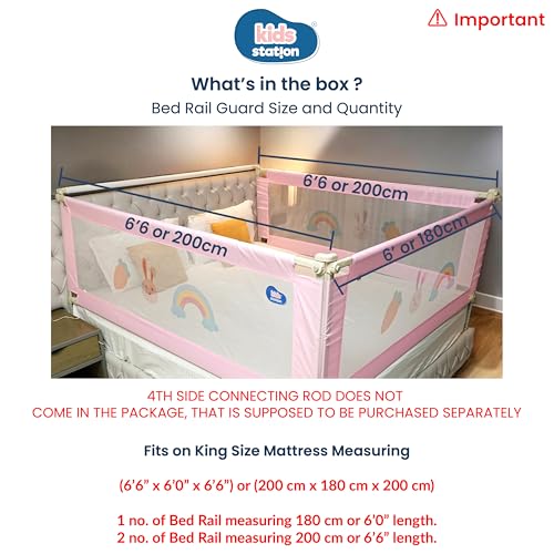 Image of Kids Station 3 Side Basic Bed Rail Guard (6.6ftx6ftx6.6ft / 200cmx180cmx200cm), Bed Railing for Baby Safety, Kids Toddler Bed Protector Side Walls, Adjustable Height, Portable & Foldable (Pink)