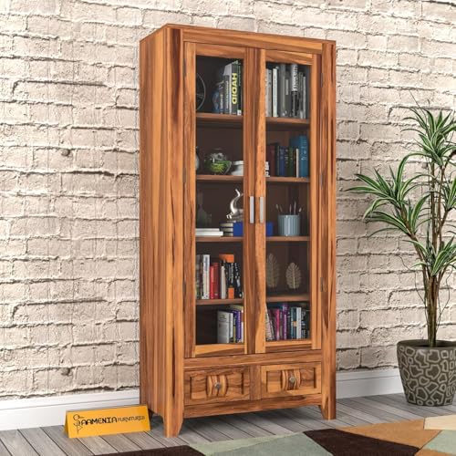 Image of Solid Sheesham Wood Book Cabinet with Acrylic Glass Doors | Rosewood Display Storage Unit with Shelves & Drawers for Home & Office | Louge (A-Honey)