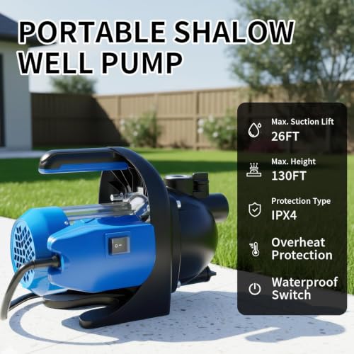 Image of FOTING 1 HP Shallow Well Jet Pump, 865 GPH 115V Portable Water Transfer Booster Pump, 130ft Max Head, Stainless Steel for Home Garden Irrigation Lawn Farm, Blue